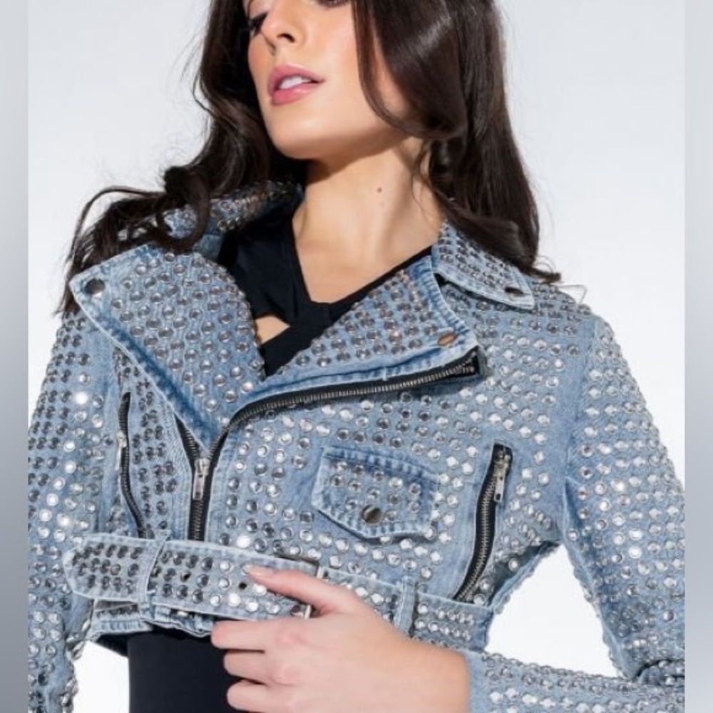 - AZALEA WANG GAZETTE 3000 STUDS MOTO JACKET IN DENIM NWT MULTIPLE - Picture 8 of 11